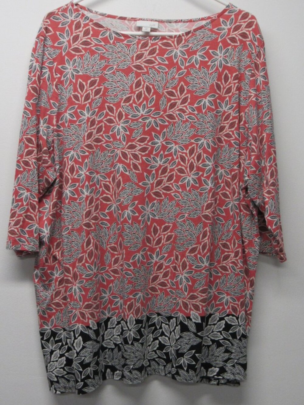 J Jill Salmon Pink Leaf Print Cotton Modal 3/4 Sleeve Tunic Top Shirt Plus sz 3X